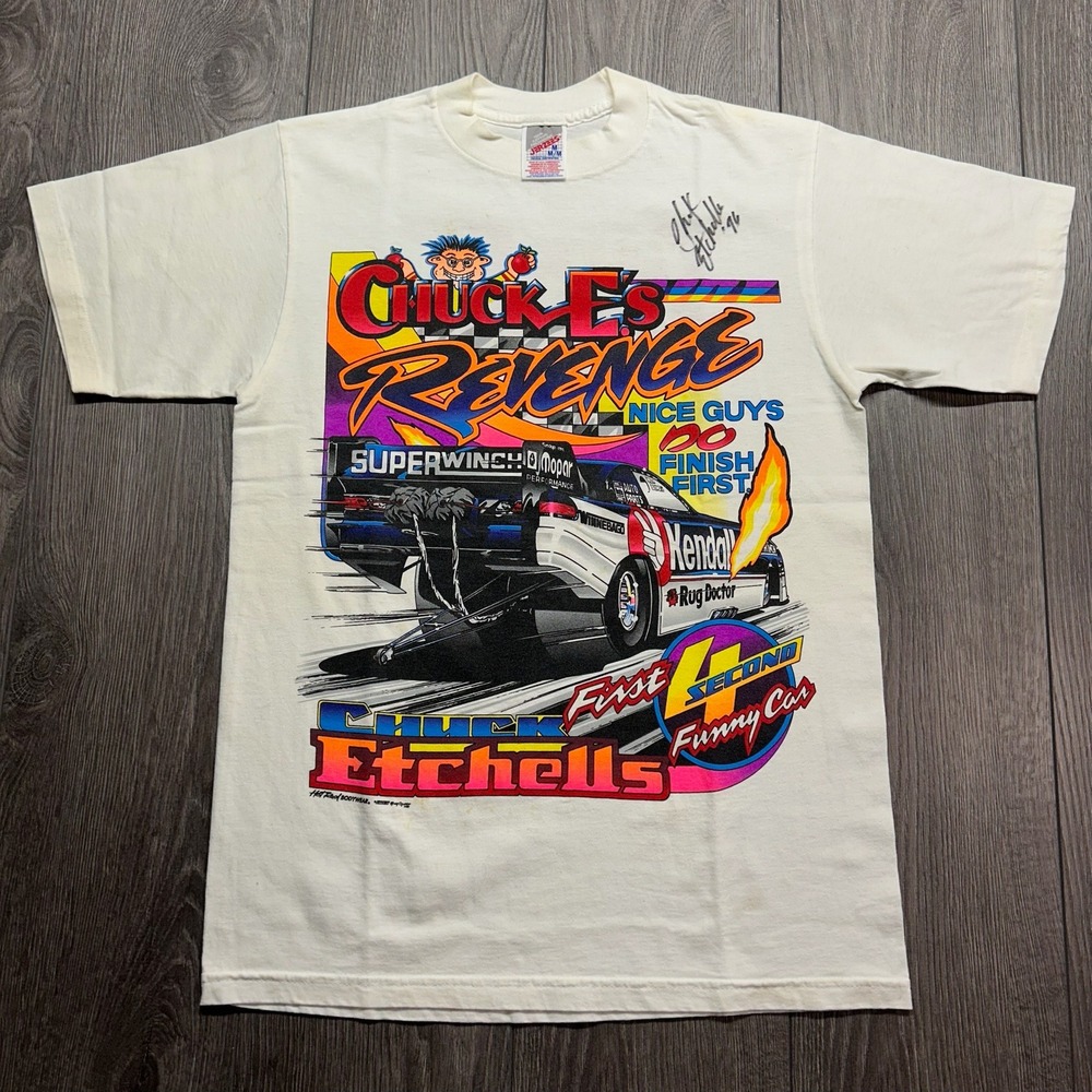 Vintage 90s Chuck Etchells Racing Shirt Signed Chuck Es Revenge Funny Car White